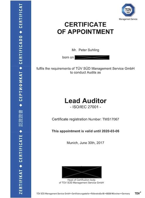 Peter Suhling ist akkreditierter Lead Auditor ISO 27001 (TÜV SÜD) 🌟
