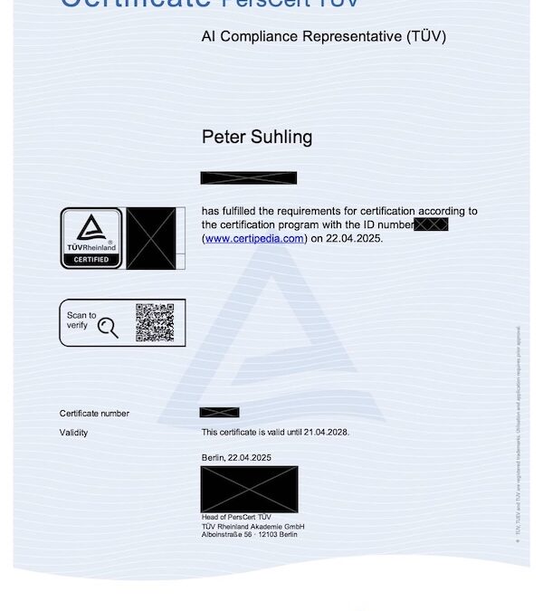 Peter Suhling ist zertifizierter KI-Compliance-Beauftragter (TÜV) 🌟